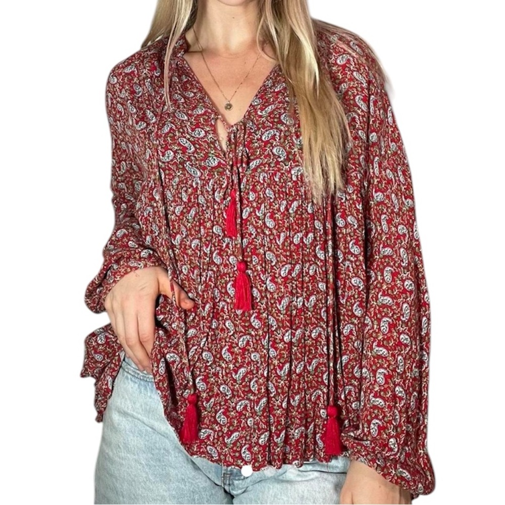 Zara Boho Paisley Floral Tassel V-neck Long Sleeve Flowy Blouse Shirt Top Red